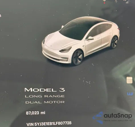 2020 Tesla Model 3 Long Range z USA, uszkodzony, nr VIN 5YJ3E1EB1LF807728
